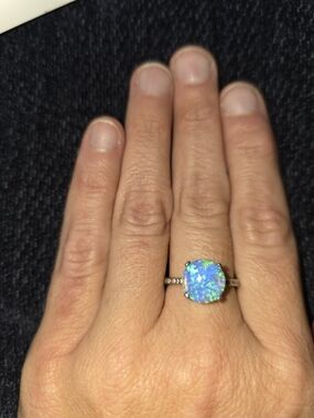 Blue Opal Ring with Faux Diamond Sterling Silver Band Size 8.5